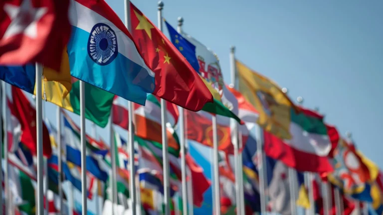Multiple national flags waving on flagpoles against a blue sky.
