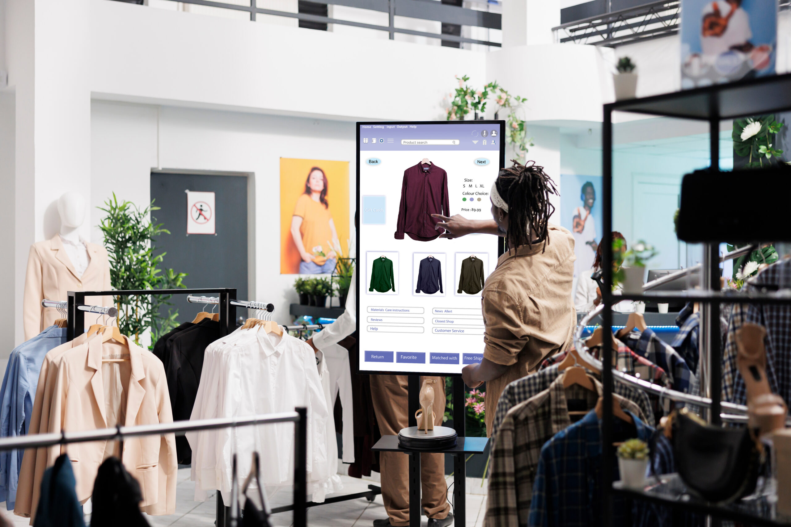 Client using touch screen board in trendy clothing store