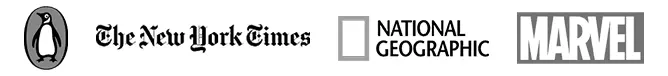 Penguin Publishing, The New York Times, National Geographic, and Marvel logos