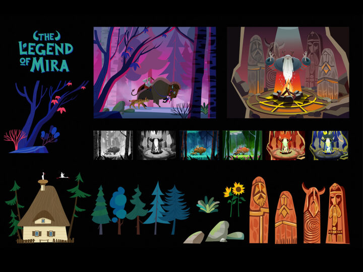 Student comps of project showing various elements, character studies and color theory