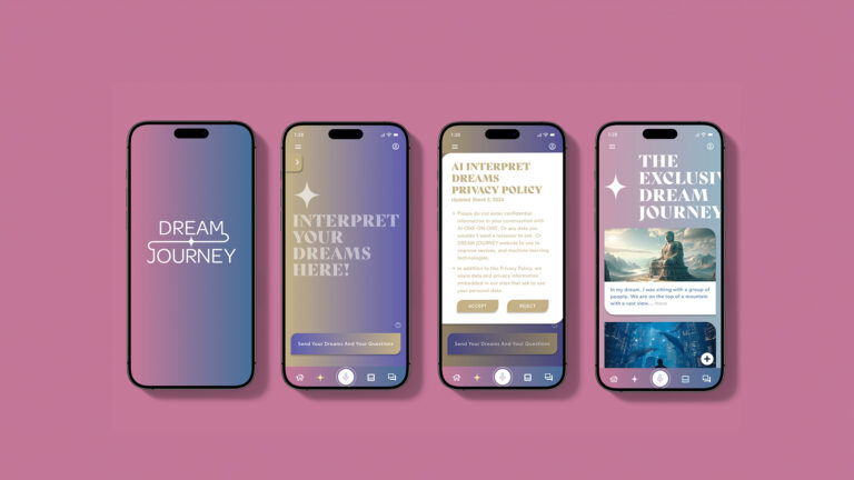 Four smartphones with a dream interpretation app, showing splash, home, privacy policy, and dream journey screens on a pink background.