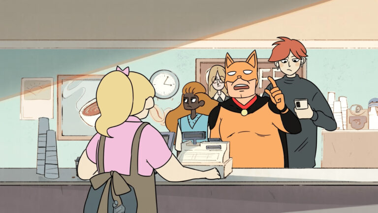 A dog-like superhero advises a cashier at a coffee shop counter while customers wait.