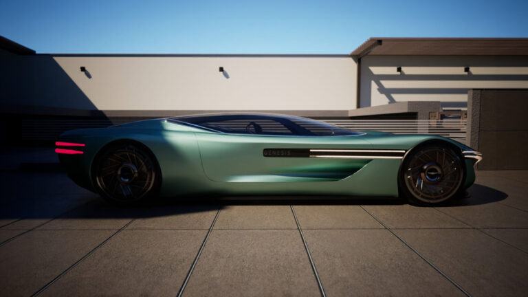 A sleek, futuristic green concept car parked on a rooftop terrace under a clear blue sky.