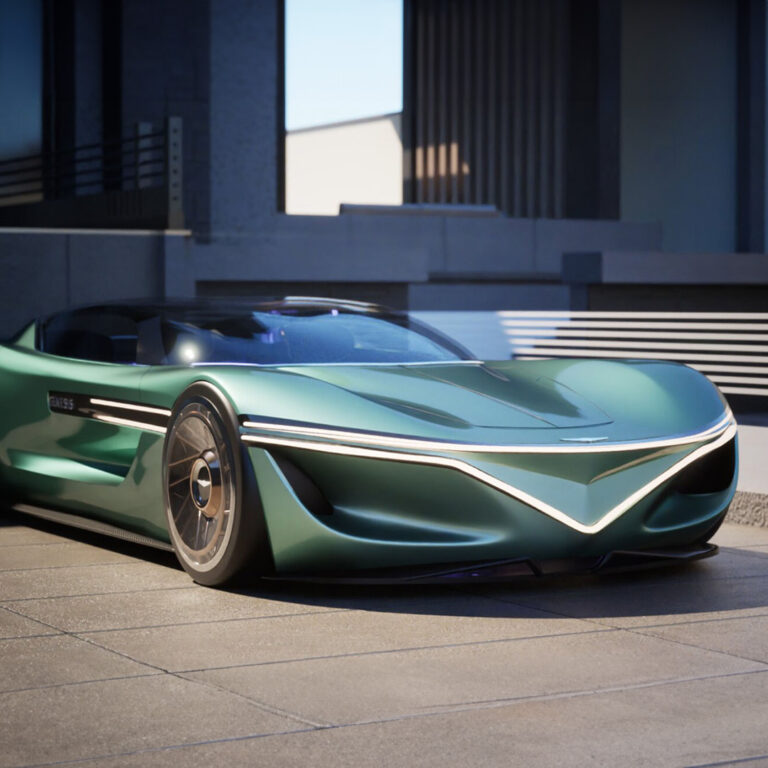 A sleek green futuristic sports car parked outside modern buildings.