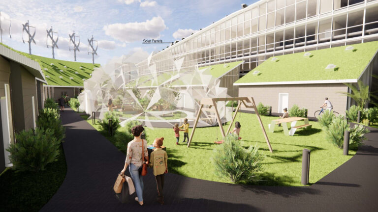 People walk and children play on a grassy courtyard with playground swings, surrounded by modern buildings.